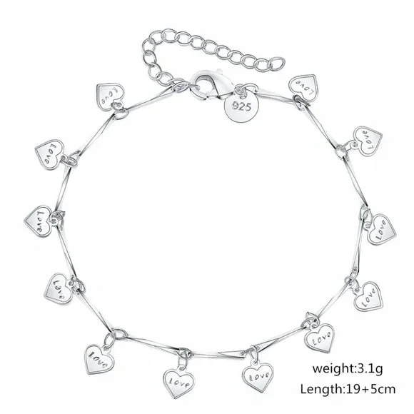 💎 Heart 925 Sterling Silver Bracelet Charm Chain Bracelet Bangles Classic - Picture 2 of 2